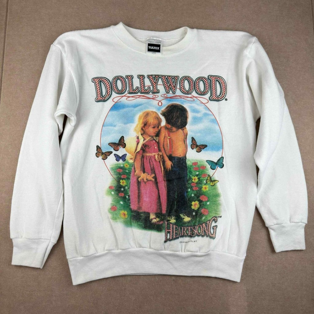 Vintage Tultex Sweatshirt Men's L White Dollywood Heartsong Graphic Pullover USA